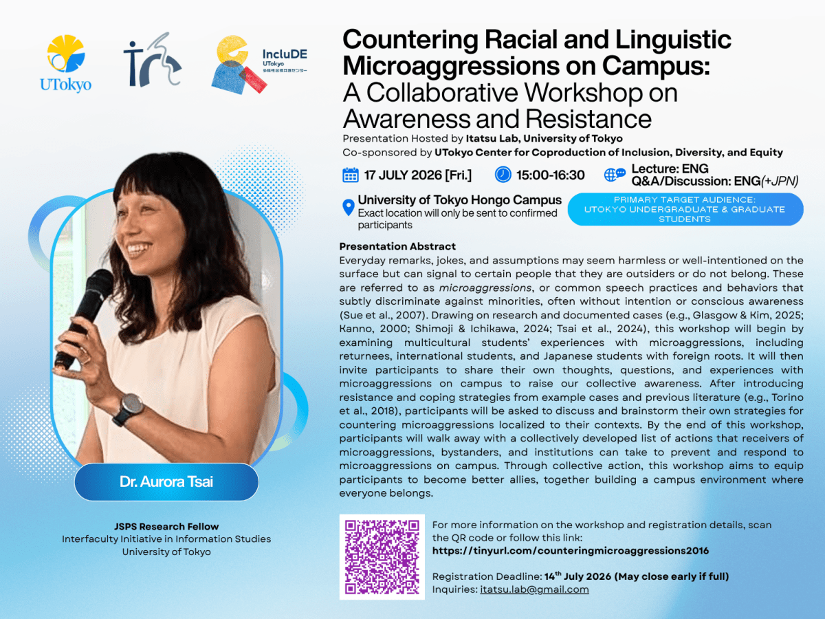 Countering Racial and Linguistic Microaggressions on Campus: A Collaborative Workshop on Awareness and Resistance by JSPS Research Fellow Dr Aurora Tsai and Itatsu&nbsp;Lab